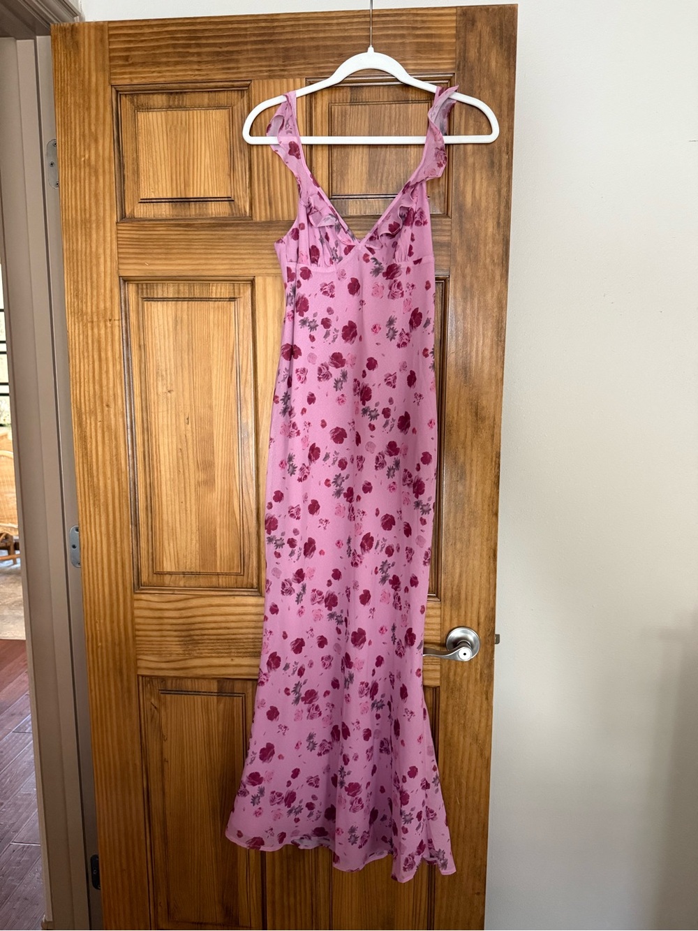 Pink Floral Maxi Slip Dress with Ruffle Straps - Picture 2 of 3